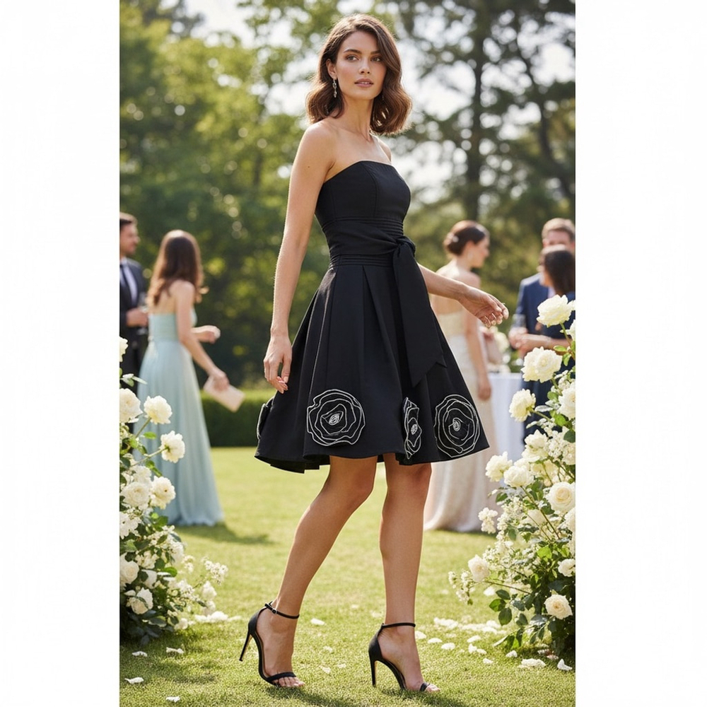 Romeo & Juliet Couture Shiny Black Strapless Fit & Flare Cocktail Dress M Fairy - Picture 4 of 17